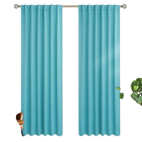 Two Turquoise Window Curtain Panels 42" X 84" With Rod Pocket - Picture 1 of 4